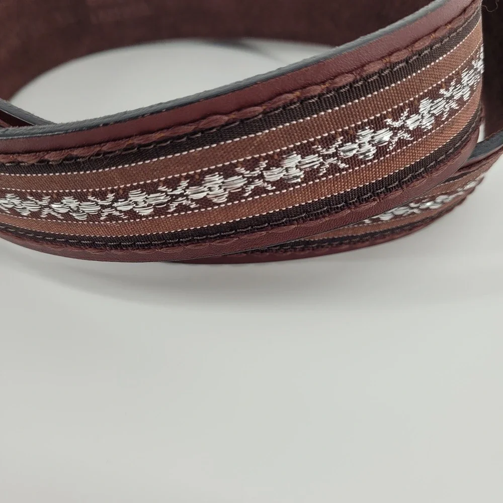 Womens Brown Leather Western Belt XL Silver Embroidered Mosaic Boho Eclectic